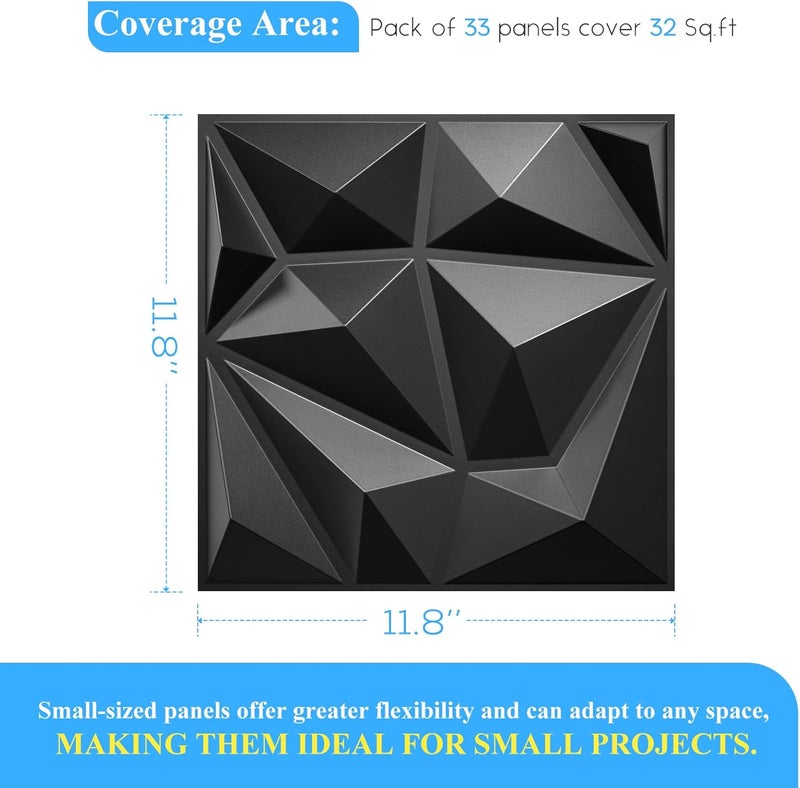 LEVOWAY 33 Pack Decorative 3D Wall Panels for Interior Wall Decor,12''x12'' Black Diamond Design Accent Wall Panles for Living Room,TV Wall Background,Bedroom - Image 5